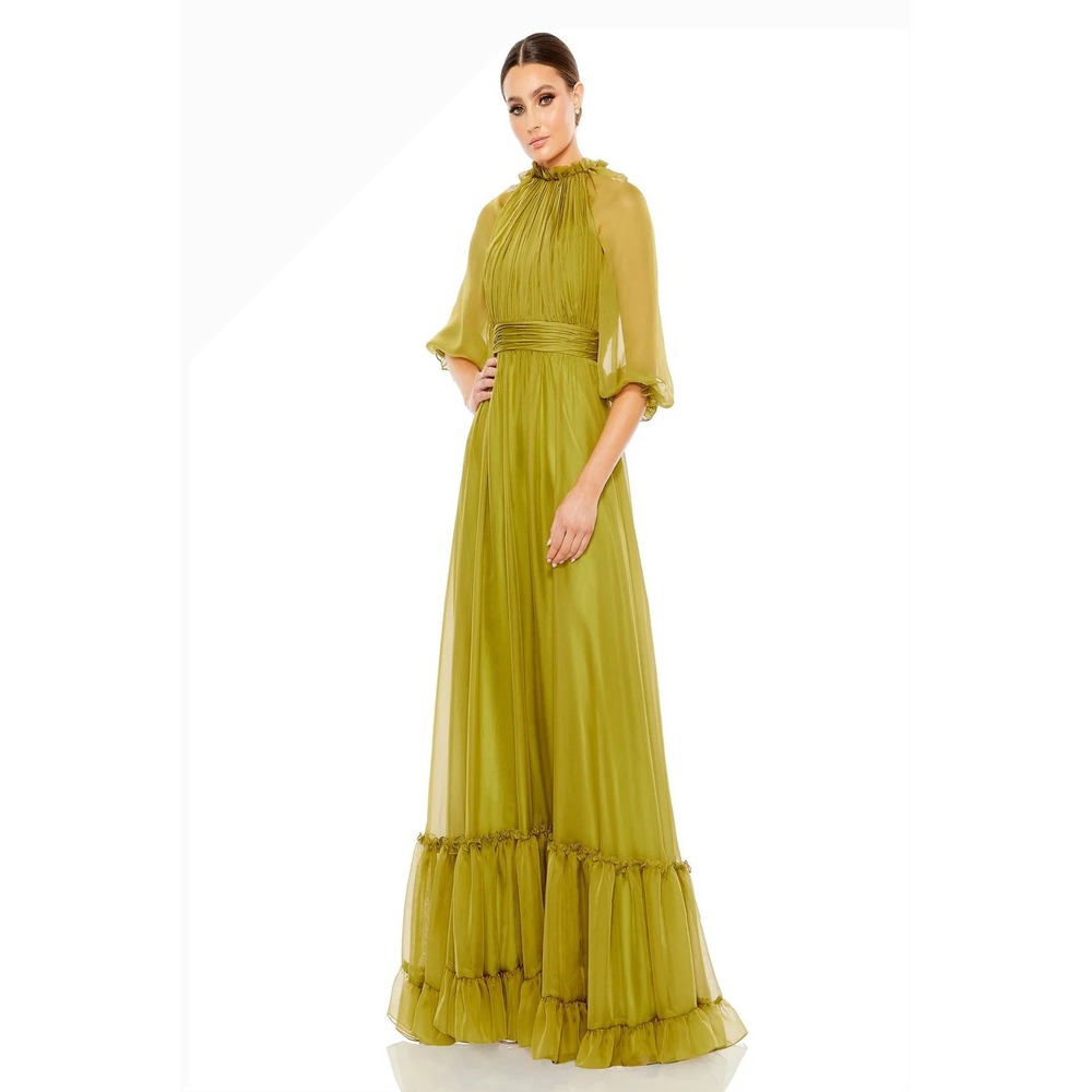 Mac Duggal 68225 Olive Green Pleated Chiffon Ruffle Maxi Gown Dress 6